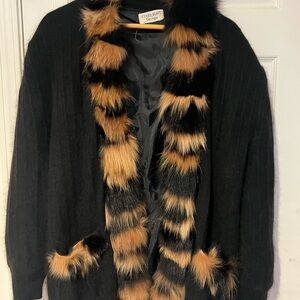 Women's Black and Tan Jacket with Faux Fur Trim